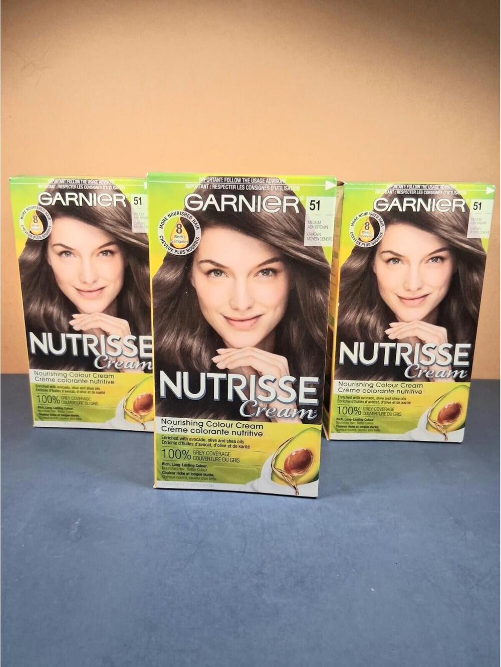 NWT 3 Boxes of Garnier Nutrisse Ultra Crème Permanent Hair Dye, Medium Ash Brown